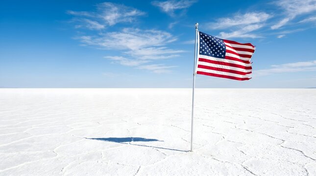 American flag planted in vast white salt flats under clear blue sky.