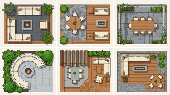Outdoor living spaces top view collection patio designs with fire pits and seating arrangements