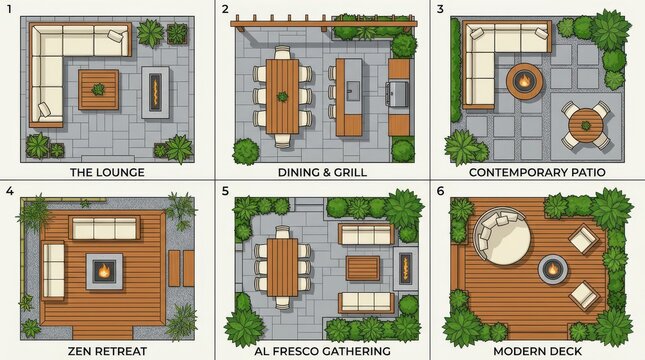 Outdoor living space layouts top down views of patio designs dining areas and deck arrangements
