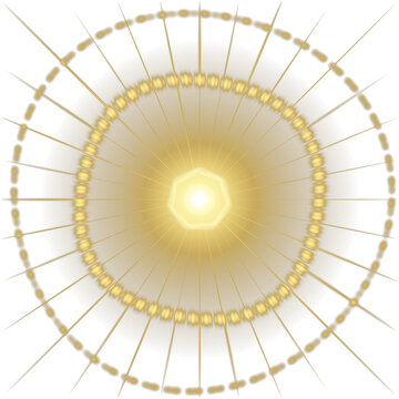Gold nova ring lens flare with radial rays on transparent background