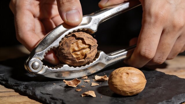 Hands Cracking Walnut with Metal Nutcracker