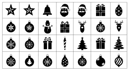 Black christmas icons set including ornaments gifts santa reindeer snowman and trees on white background for holiday decoration © Asim