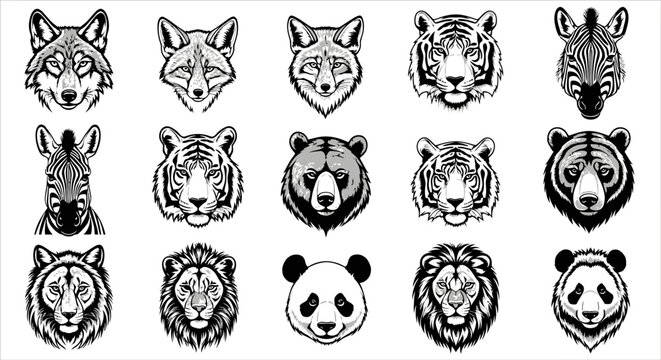 Detailed black and white animal faces illustrations set featuring wolf tiger zebra bear lion panda and more wildlife heads in various expressions on clean background