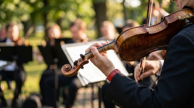 Musician plays violin outdoors with orchestra in park on sunny day