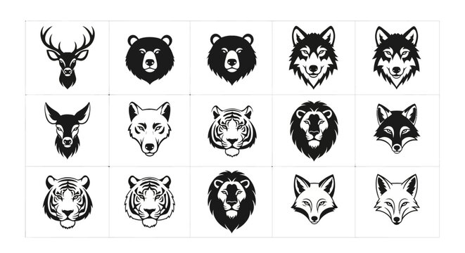 Collection of black and white animal head icons featuring bear wolf tiger lion deer and fox faces