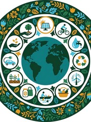 Naklejka premium Sustainable lifestyle concept with earth globe and ecology icons. Green environmental protection circle with renewable energy and recycling symbols. Eco friendly nature conservation art.