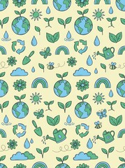 Fototapeta premium Eco friendly seamless pattern with earth globes and recycling symbols, hand drawn environmental doodles on yellow background, sustainable nature conservation wallpaper
