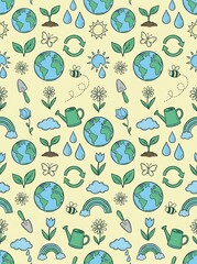 Fototapeta premium Eco-friendly seamless pattern with earth globes and recycling symbols, hand-drawn environmental conservation doodles, green nature and gardening icons on pale yellow background