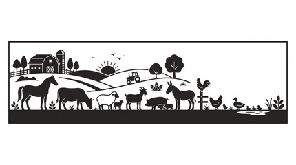 Black and white farm animal silhouette banner illustration. © hasna