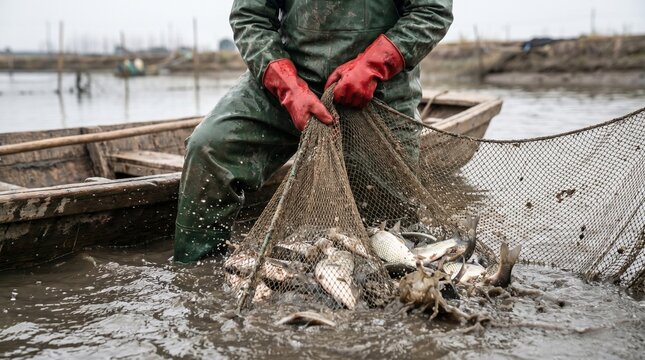 Fisherman unloading fresh catch from net into boat on murky river