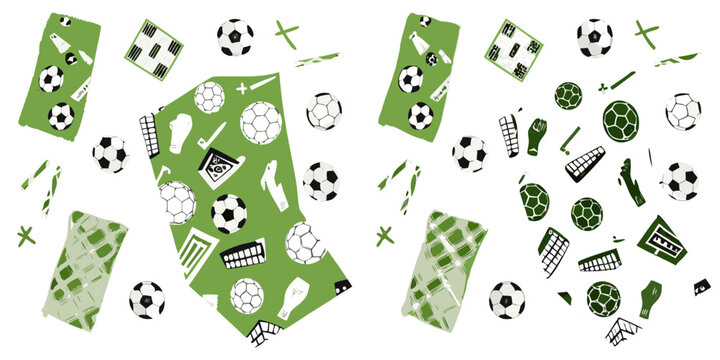Soccer balls cleats and field markings a green vector pattern