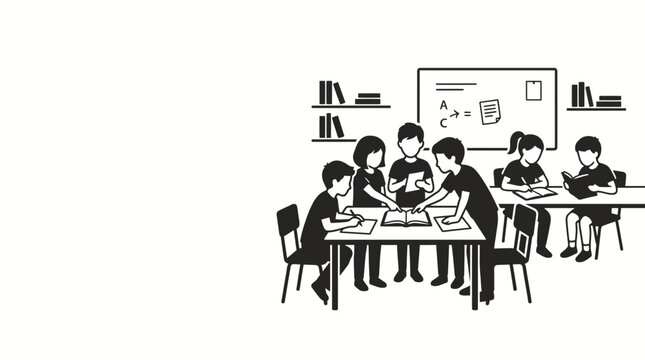 A group of diverse students collaborating on a learning project in a classroom setting.