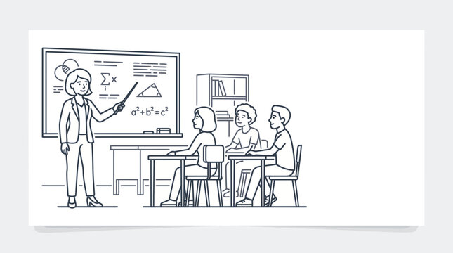 A hand drawn illustration of a female teacher presenting a mathematics lesson in a classroom to her students.