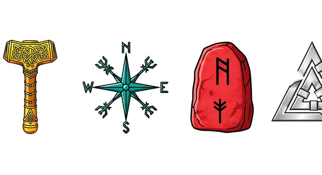 A vector graphic illustration of four Norse mythology symbols including a hammer, compass, rune stone, and triangular symbol.