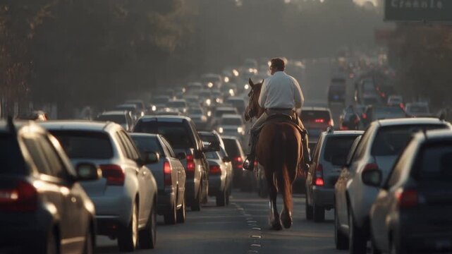 Horseback cowboy riding horse in saddle during rush hour traffic on a busy city street - rural meets urban concept