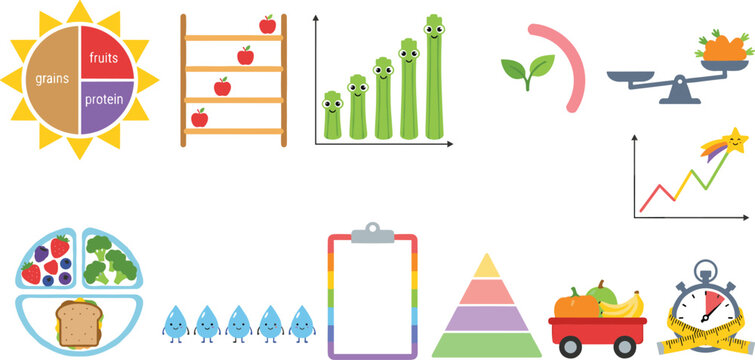 Healthy Nutrition and Wellness Infographic Vector Collection Featuring Diet Planning, Food Balance, Growth Charts, and Lifestyle Health Elements