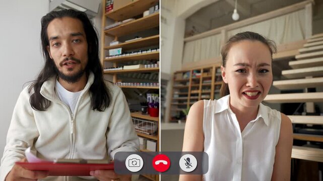 Two young people hold an online call showing different emotions. One shows surprise while the other expresses frustration. They share their feelings clearly with each other.