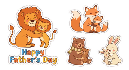Fototapeta premium Happy father's day with animals - lion fox bear rabbit illustration greeting celebration appreciation sentiment character adorable affection together occasion childhood