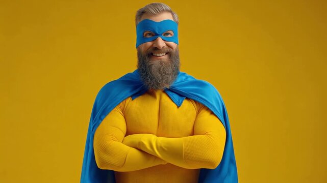 A bearded man standing in yellow and blue superhero outfit. Blue mask and cape with yellow bodysuit flexing and posing isolated against a yellow background