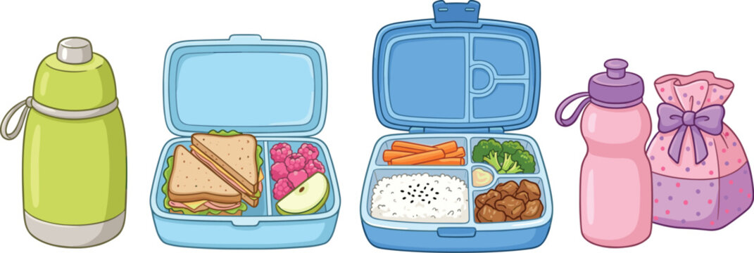 Cute lunch box and drink bottle collection with healthy meals cartoon vector illustration set for school kids