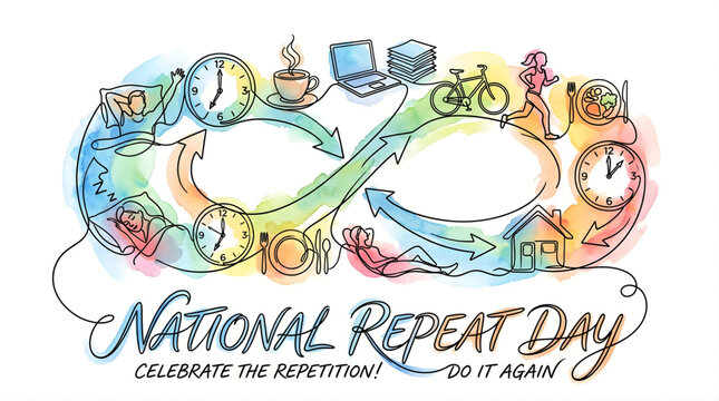 National Repeat Day Watercolor Illustration with Infinity Loop and Daily Routine Icons, Vector Continuous Line Art Concept for Endless Cycle, Habits, and Everyday Schedule Repeating