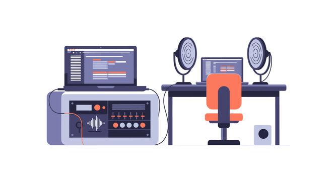 Modern Music Production Studio Workspace Illustration with Digital Audio Workstation, Audio Interface, and Speakers on a Clean White Background
