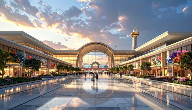 Modern Shopping Mall with Archway and Reflections.
