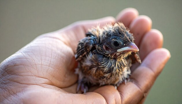 Small Bird Held in Human Hand.