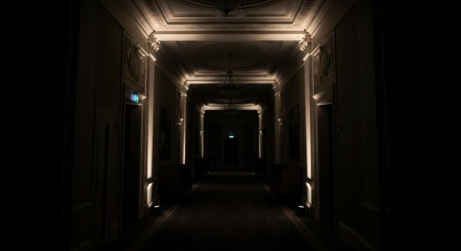 Dramatic uplighting illuminates a grand ornate architectural hallway, guiding the eye into a mysterious depth.