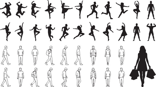 Vector collection of active people silhouettes dancing jumping running line art walking figures and a woman shopping