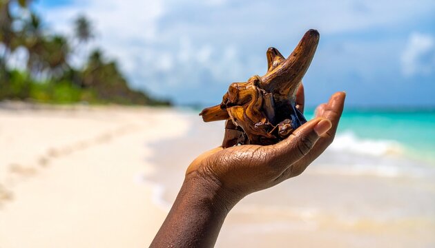 Hand holding seashell on tropical beach.