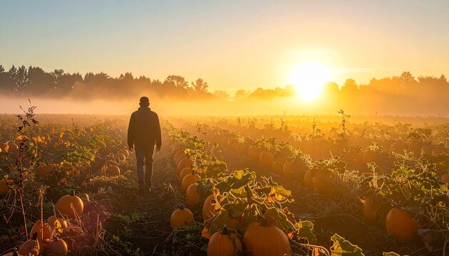 Man Standing in Pumpkin Patch at Sunrise.