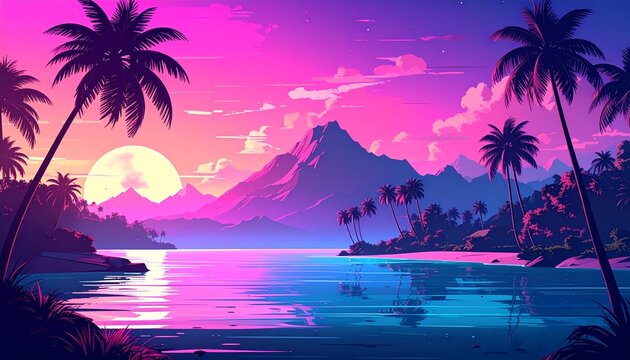 Tropical Island Sunset Landscape with Palm Trees.