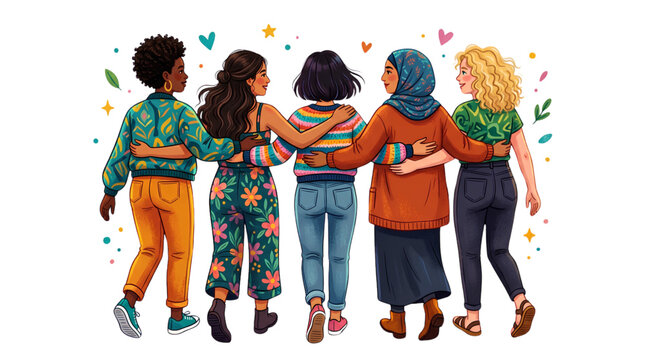 Bright digital illustration of diverse women embracing from the back symbolizing supportive sisterhood empowerment and unity