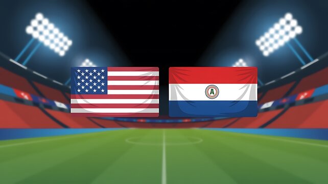 Usa vs paraguay flags waving in stadium lights with paraguay