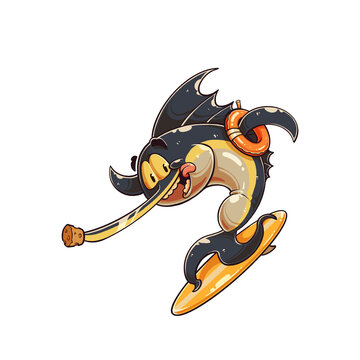Cute cartoon illustration sailfish character happily surfing on an orange surfboard with a lifebuoy, ideal for children's apparel, summer beach party invitations, and sticker designs.