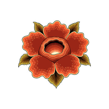 Beautiful Indonesian batik-inspired illustration of a Rafflesia arnoldii flower in vibrant red and gold, perfect for traditional textile patterns, cultural posters,apparel, and branding.