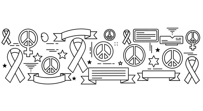 Black and white line art pattern of peace symbols and awareness ribbons.