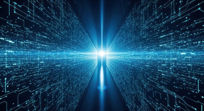 Abstract digital tunnel with blue glowing lines and neon data flow technology background