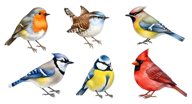 Collection of Colorful Birds Including Finches and Sparrows.