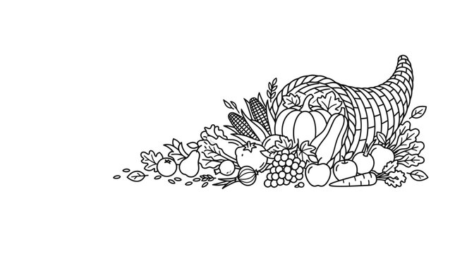 Black and white outline drawing of a traditional Thanksgiving cornucopia overflowing with harvest fruits and vegetables.