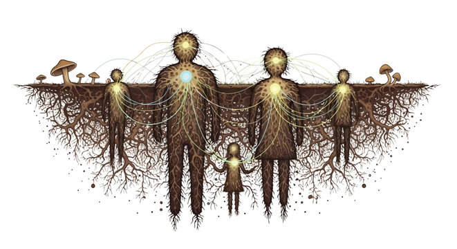 Family tree root human figures connected by glowing lines fantasy illustration isolated on white background
