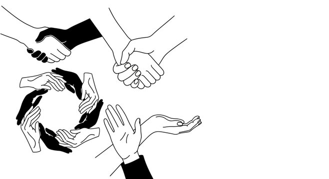 Black and white line art illustration of diverse human hands connecting and supporting each other.