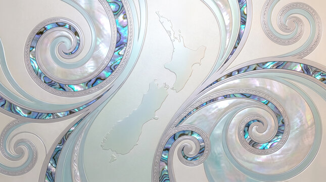Luxury New Zealand map background with silver koru spirals, iridescent paua shell textures, and traditional Maori inspired design.
