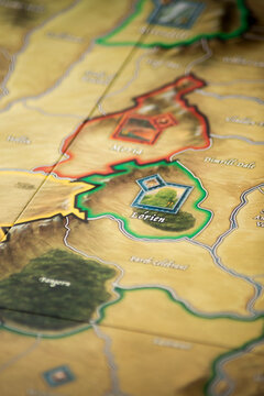  Detailed Middle Earth Fantasy Map Focusing on the Elven Realm of Lorien with Moria and Fangorn Forest in Shallow Depth of Field from the War of the Ring Board Game Layout