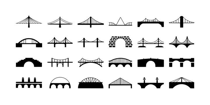 Bridges set with various architectural designs and styles featuring design, suspension, arch with beam and truss elements for cable-stayed,