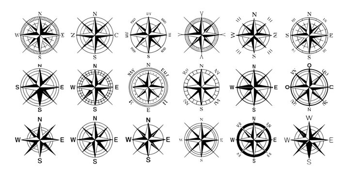 Compass rose tattoo style navigation icon set on white background with intricate compass points and bearing marks
