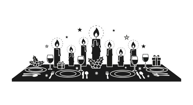 Christmas dinner table setting silhouette with candles and gifts.