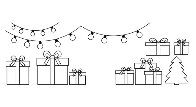 Christmas hand drawn doodle set with gift boxes and light garlands.