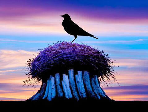 Silhouette of a haystack with a bird perched atop.